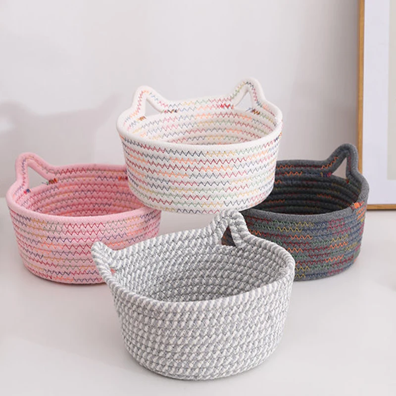 Cesta de hilo de algodón tejida, cesta de almacenamiento de escritorio, suministros para el hogar, cesta de almacenamiento redonda con orejas de gato