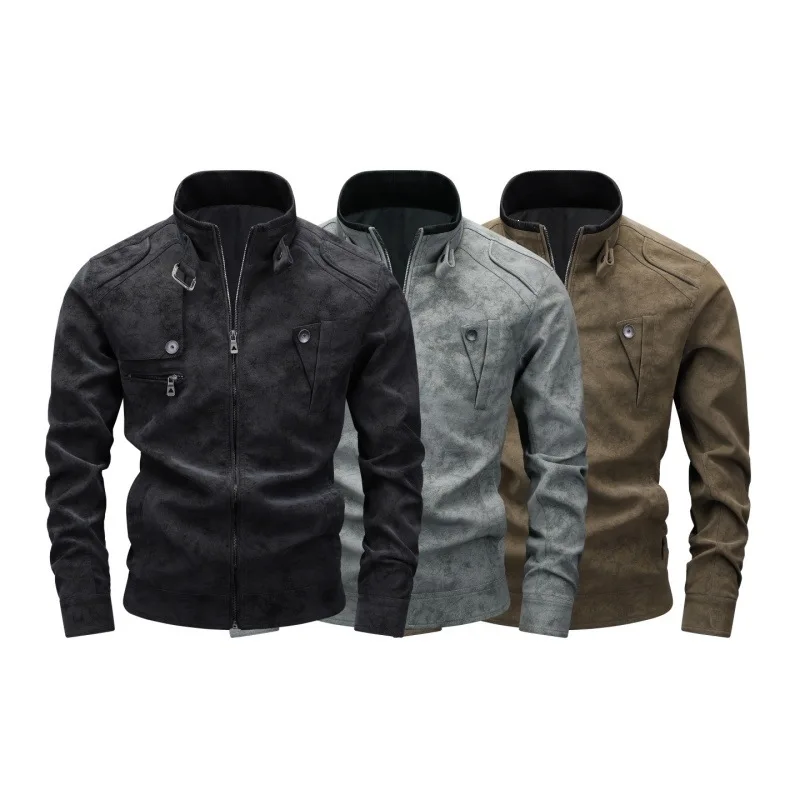 Men's Utility Jacket Stand Collar Multi Pocket Full Zip Shoulder Epaulets Chest Pockets Long Sleeve Regular Fit Casual Commute