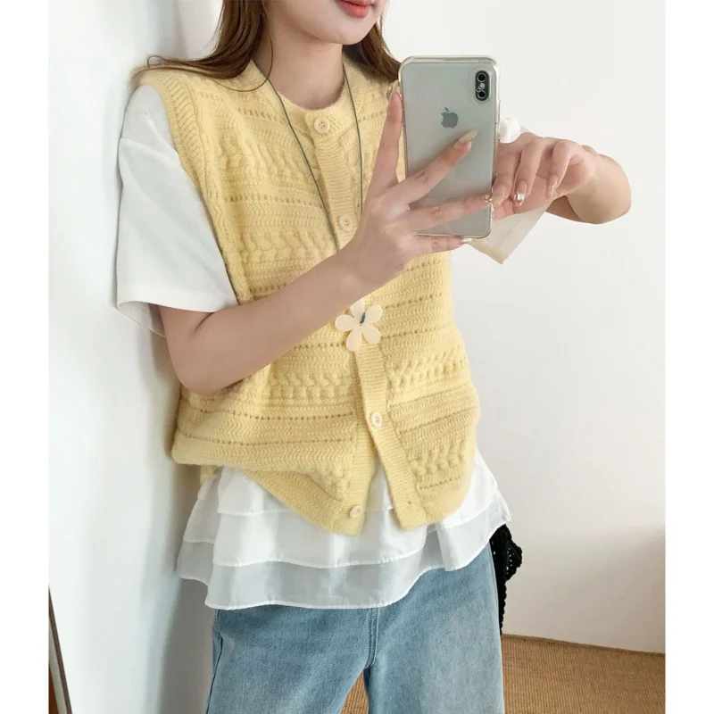 

Женский вязаный жилет с желтым волнистым узором, новый осенне-зимний многослойный жилет без рукавов, свитер с круглым вырезом, кардиган