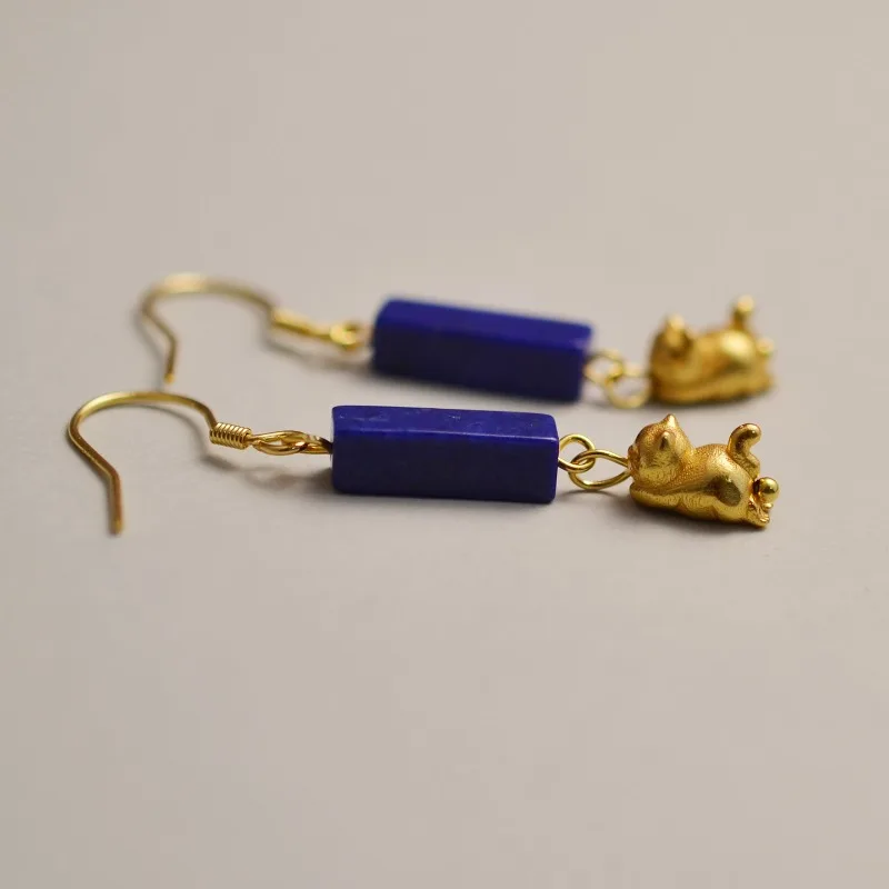 Genuine Authentic Handmade New Chinese Blue Fox Holding Jade Cat Earrings 925 Silver Gold Plated Natural Lapis Lazuli Vintage