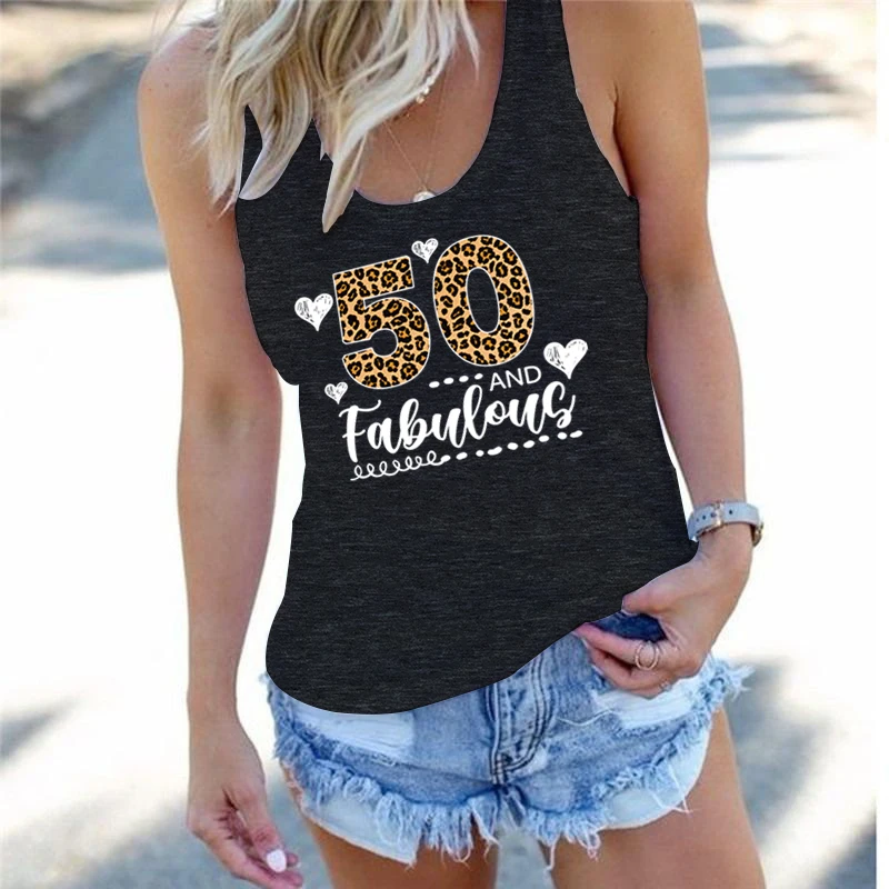 Age Tees for Women Heart Casual Tops 50th Birthday Gift Summer Racerback Tanks Leopard 50 and Fabulous Graphic Tank Top Women