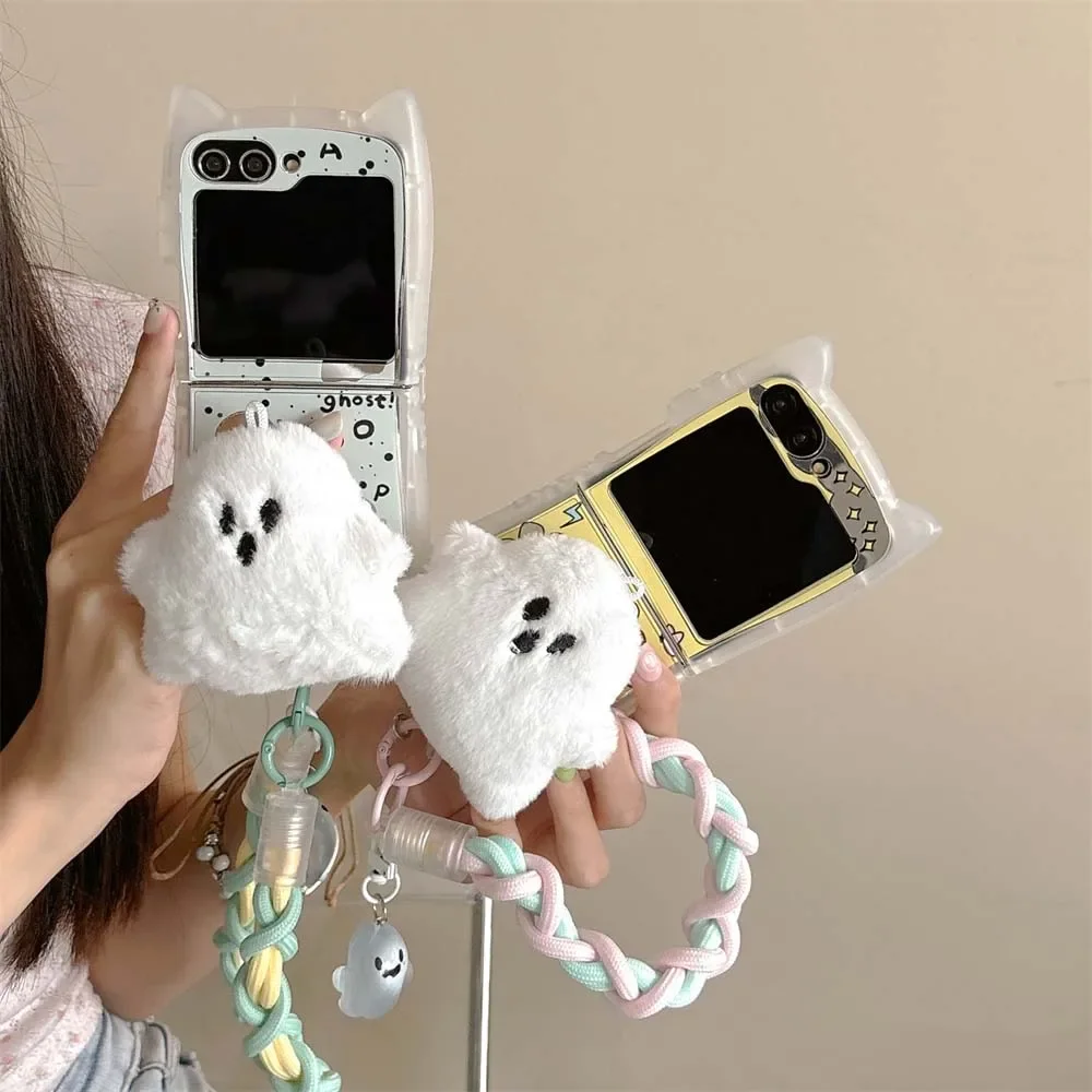 

Cartoon Funny Halloween Ghost with Lanyard 3D Ear Cat Phone for Samsung Galaxy Z Flip 3 4 Z Flip 5 6 5G PC Anti-drop Back Cover