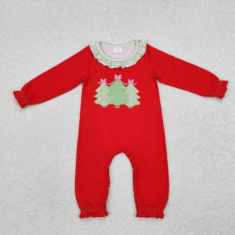 8.18y Girls Christmas Romper Candy Cane Green Plaid Baby Doll Collar Long Sleeve Onesie Wholesale Boutique Baby Clothes