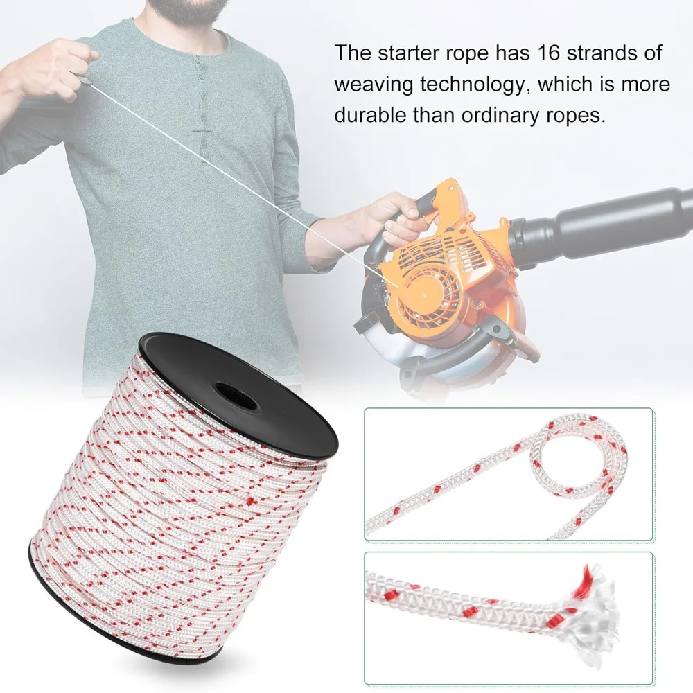 6mm 100m Starter Rope Red White Cord For Power Equipment Lawn Mower Chainsaw Trimmer Spare Replacement Tool Accessory
