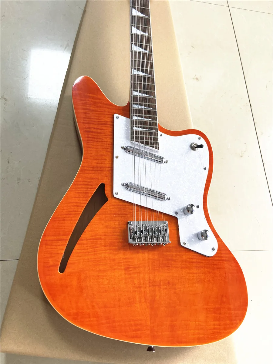 Custom orange 12 string electric guitar lipstick pickup semi hollow white guard free shipping