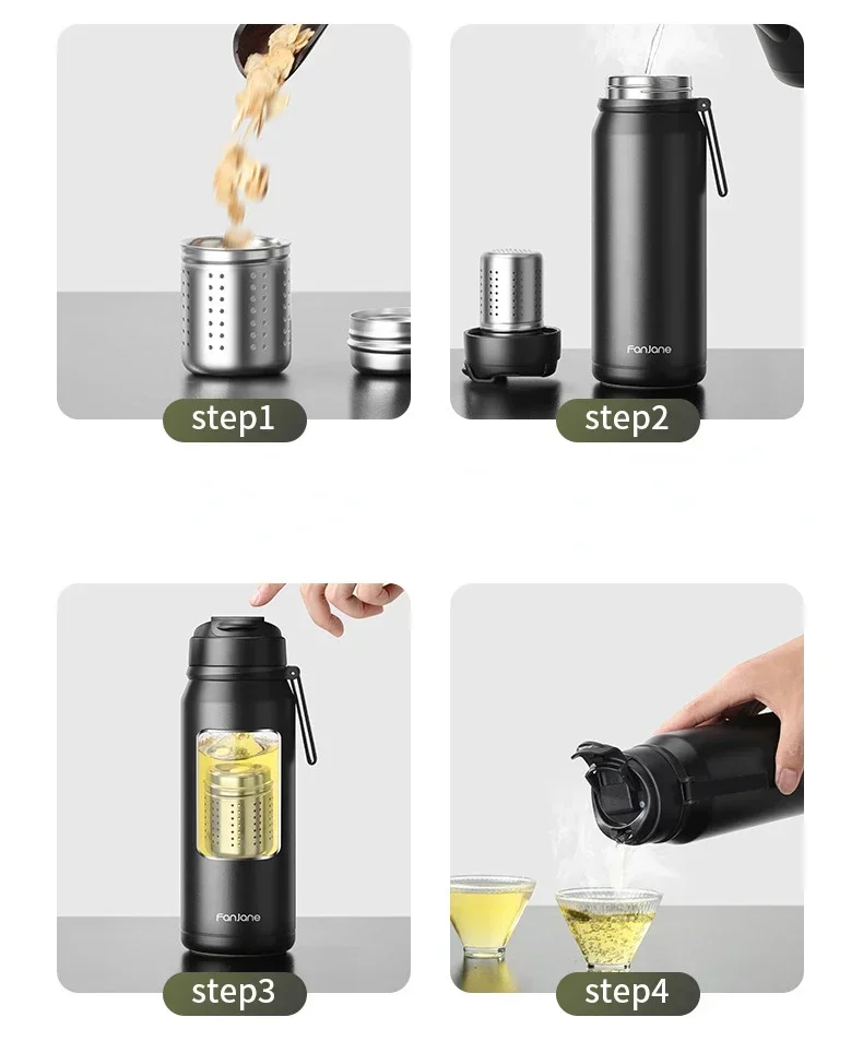 FANJANE Movable Tea Filter Thermos Coffee Bottle Cup with Magnetic Infuser Tea Maker Stainless Steel Vacuum Flask Keep Cold Hot