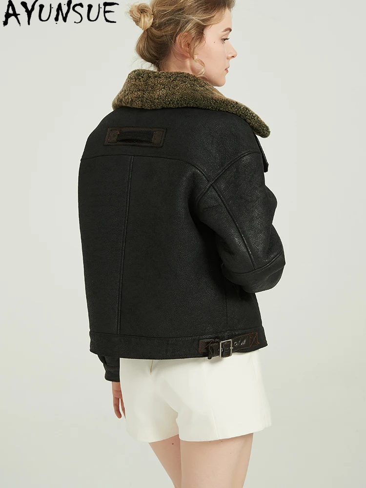 AYUNSUE 진짜 양피 모피 코트 진짜 가죽 자켓 여성 내한 오토바이 자켓 여성 겨울 의류 2025 streetwear
