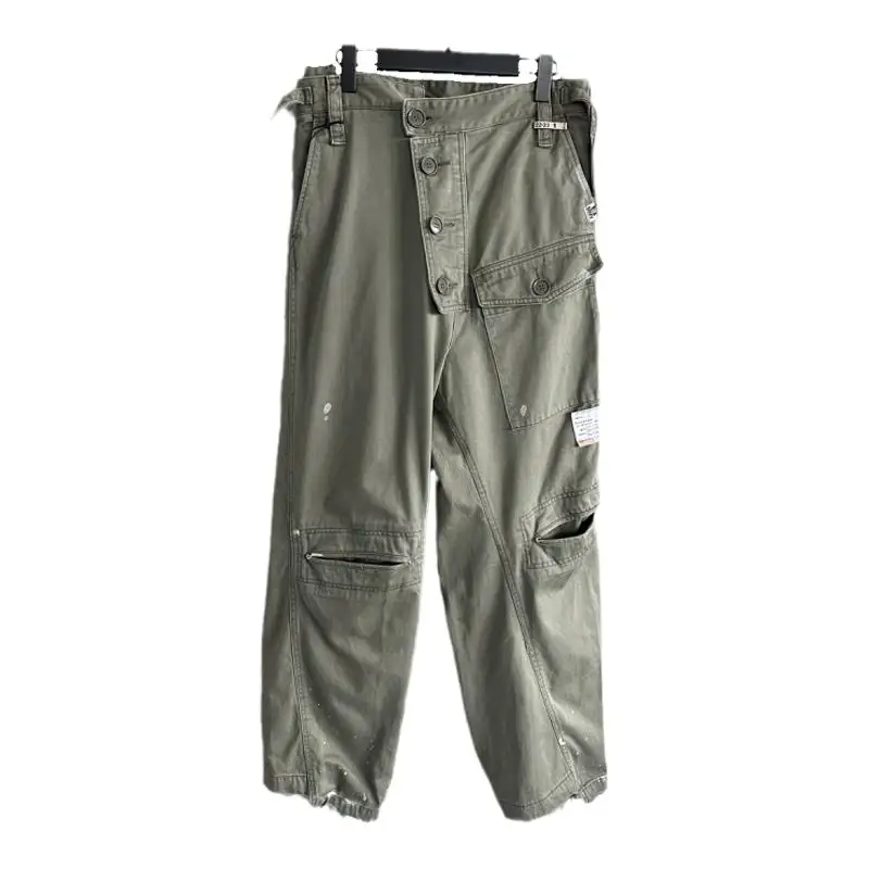 Deconstructing Multi-Pocket Splash-Ink Washed Distressed Wide-Leg Pants Outdoor Loose Overalls Army Green Retro Straight-Leg