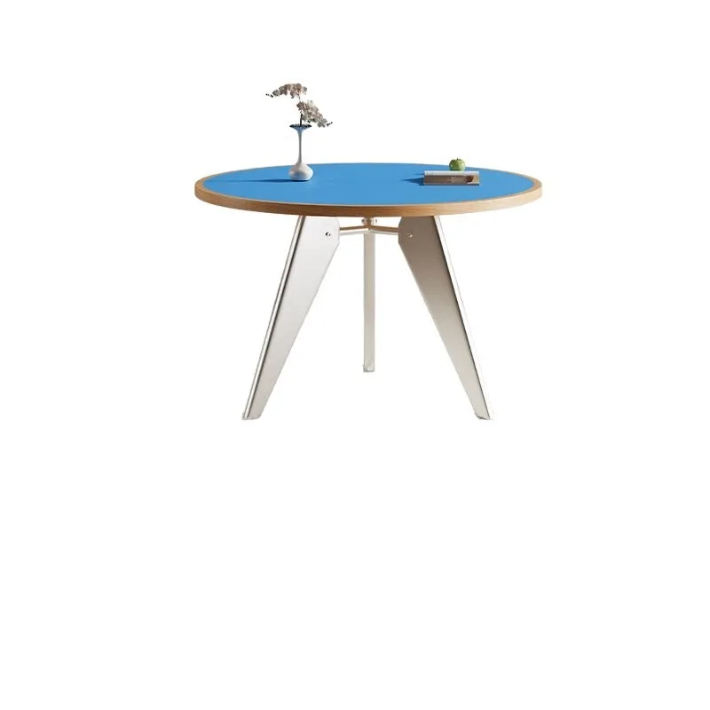 

French retro solid wood round dining table sky blue round table Japanese small apartment log wind round dining table