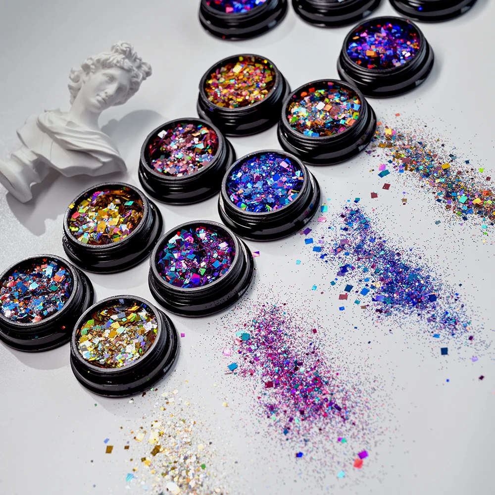 12 frascos/conjunto holográfico chunky glitter lantejoulas laser quadrado fatia flocos misturados arte do prego solto glitter gel polonês decorações de unhas