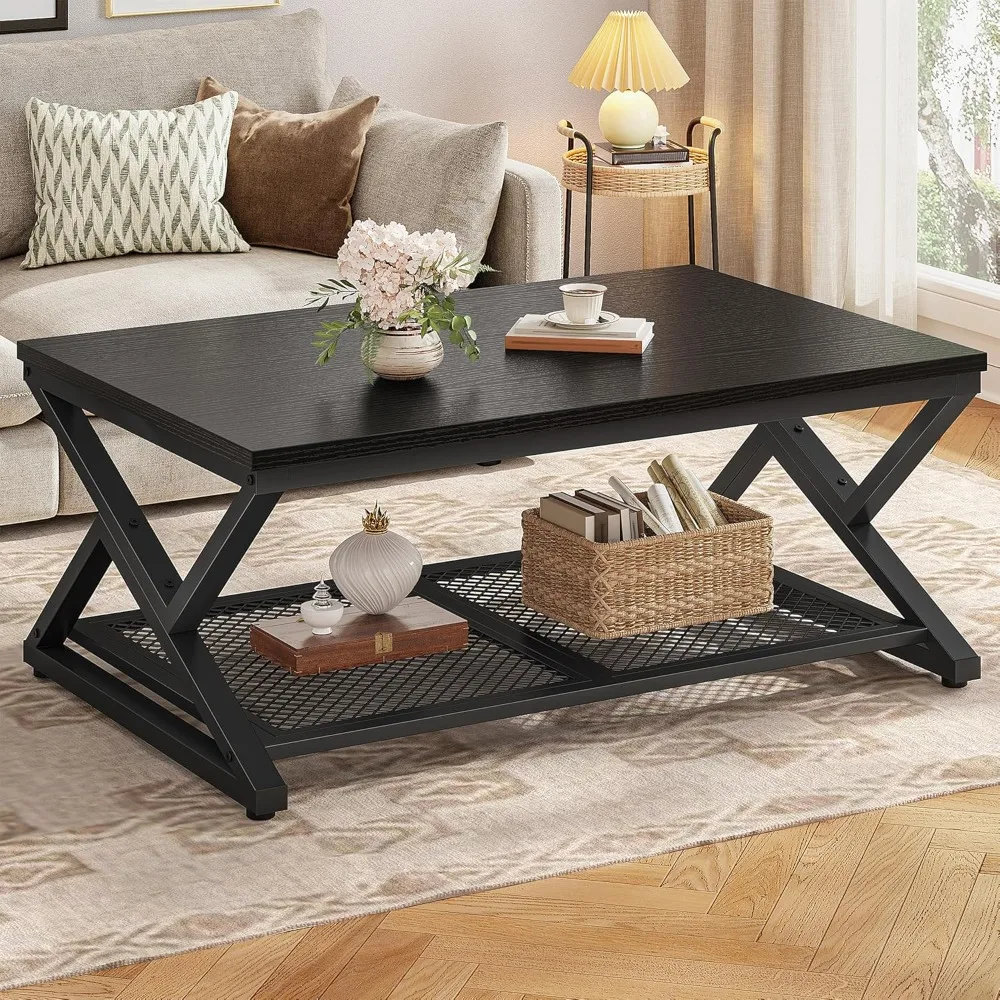 

Coffee Table with Storage, Modern Coffee Tables for Living Room with Mesh Shelf, 2 Tier Rectangular Center Table