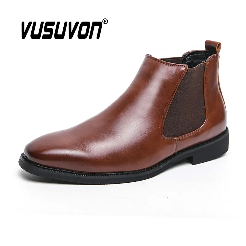 Fashion Men Chelsea Boots Leather Casual Shoe Motorcycle Black Winter High Quality Boys Booties Botas Masculinas Big Size 38-48