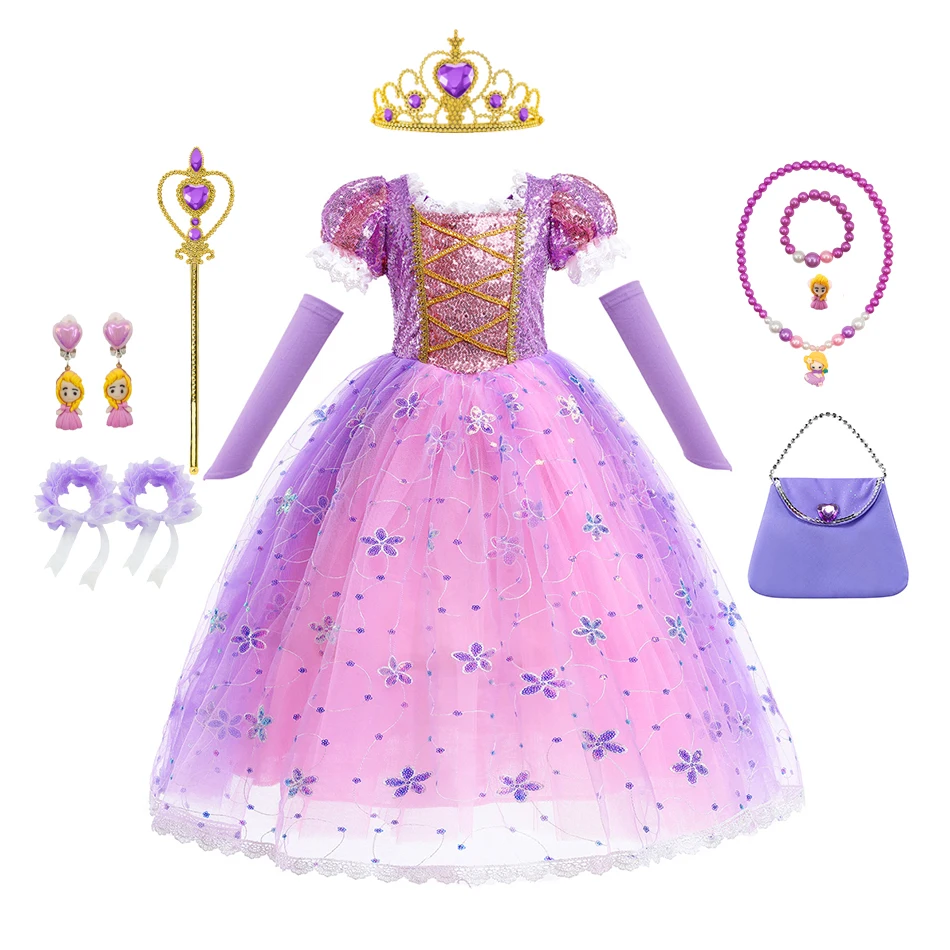 

Нарядное платье принцессы для девочек с длинной блестящей косой, костюм с цветочными аксессуарами, детское платье для сказочного праздника