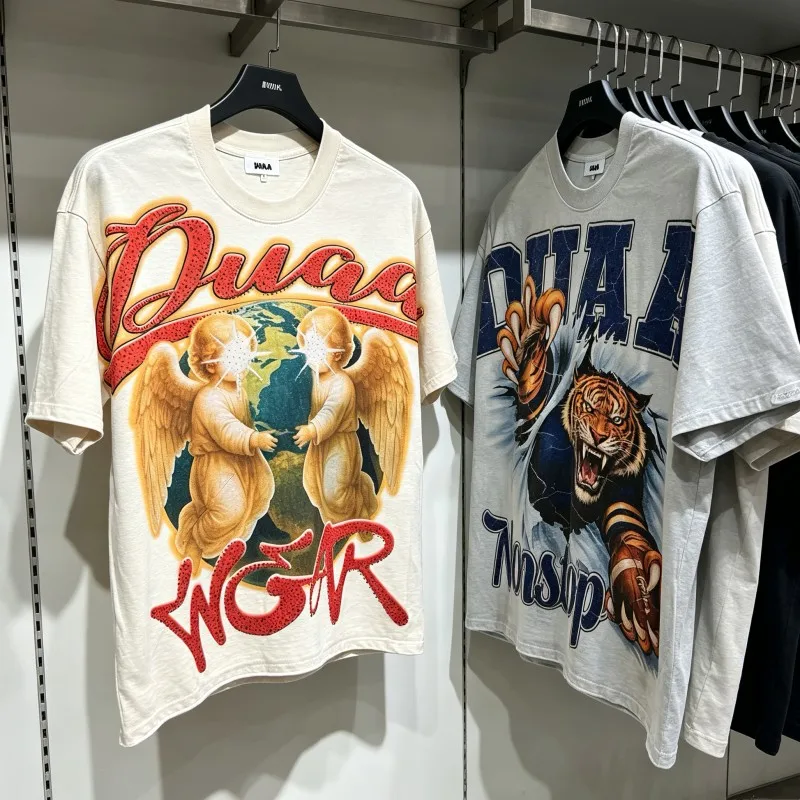 Vintage Distressed DUAA Tshirt Rhinestone Letter Double Angel Wings Rugby Tigers Print Men Women Cotton Short Sleeve Street Tops