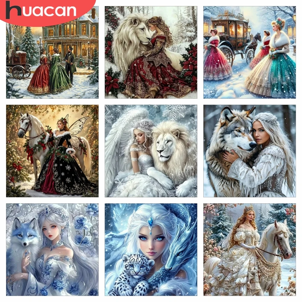 HUACAN Diamond Painting Woman Animal Winter Mosaic Full Kits Diamond Art Kits Portrait Lion Wolf Horse Snow Home Decor
