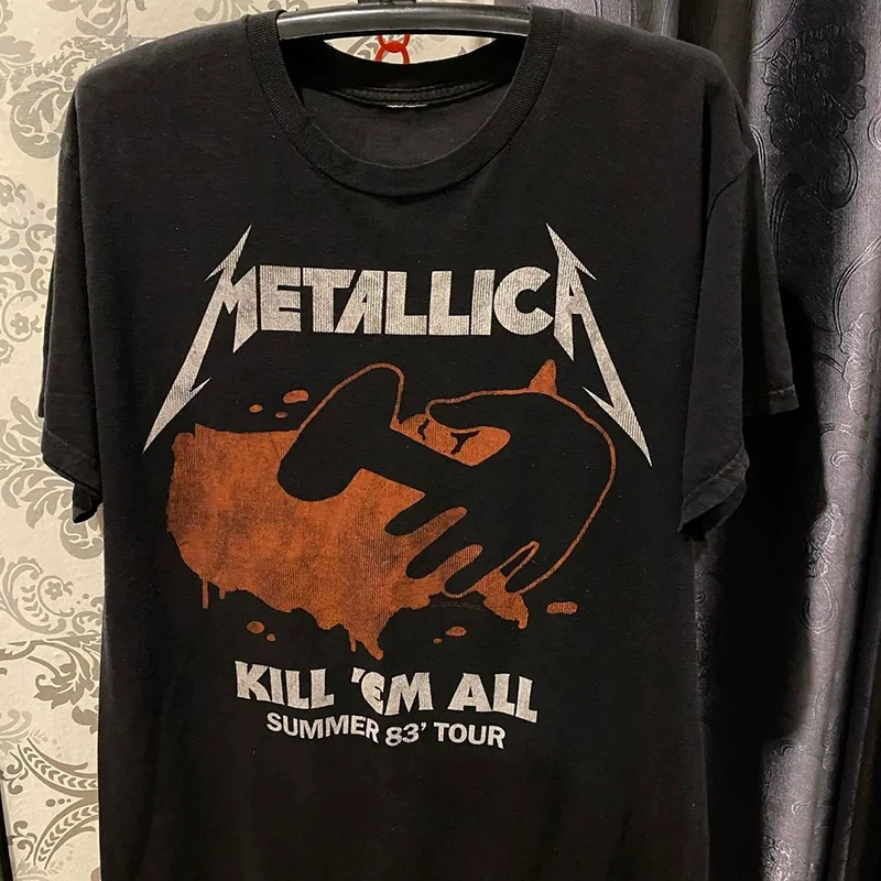 Metallica Men's Vintage Printed Loose-Fit Trendy Short-Sleeved T-Shirt Heavy Metal Rock Band Music Fan Gear.cotton t shirt, 100% cotton tee, soft breathable t-shirt, summer short sleevetops, unisex graphic tee, plus size t shirts                         .