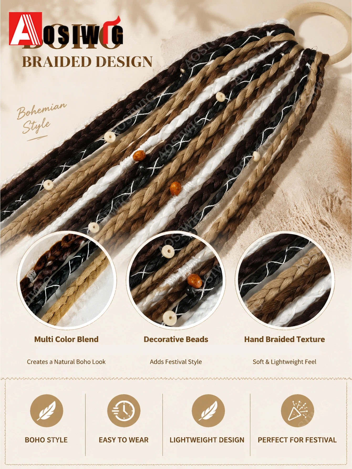 Synthetic Boho Braided Ponytail Extension 15 Strands Beaded Braids Elastic Hair Tie Festival Bohemian Hairpiece For Women Party