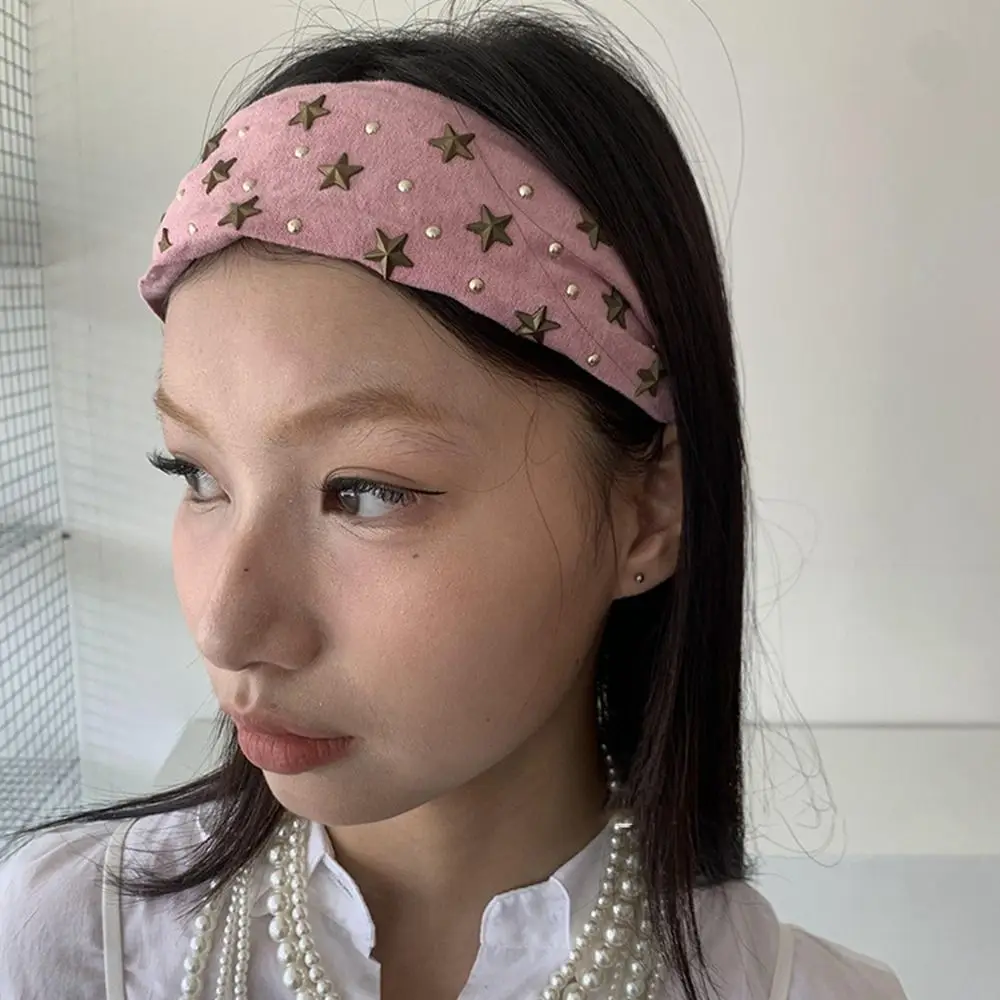 ファッションコルスワイドスターリベットヘッドバンドY2Kスパイシーガールワイドエッジヘアバンド洗顔韓国風レトロヘアフープメイク