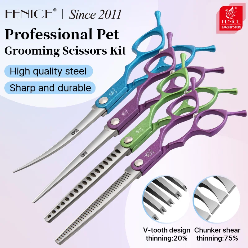 Fenice 6.5 Inch Colorful Straight Curved Thinning Chunker Shears Beginner Friendly Scissors Kit for Practice &Home Groomer Us