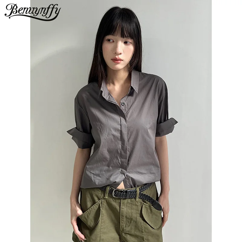 

Benuynffy Solid Color Rolled Up Sleeve Shirt Women 2026 Spring New Single-breasted Fashion Office Ladies Loose Shirts Top
