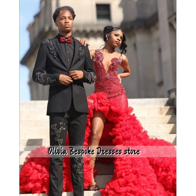 Vestido de fiesta personalizado con cuentas rojas Aso Ebi, vestido negro de cumpleaños para niñas, vestido de fiesta con apliques de cristales para sesión de fotos