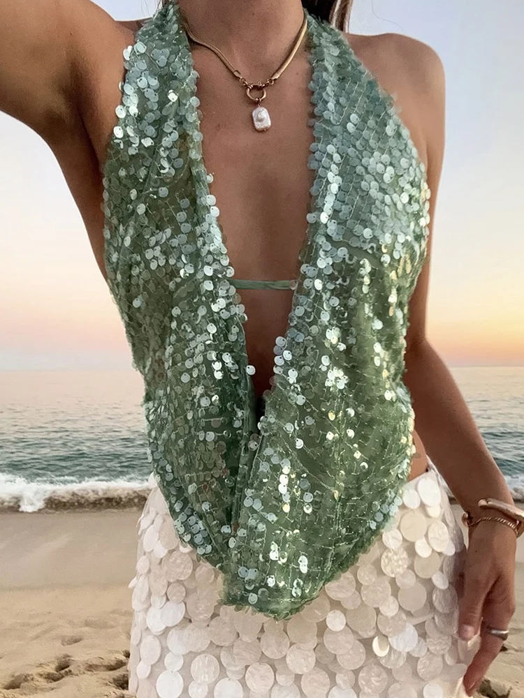 

Sibybo Fashion Sequined Sexy Tank Tops For Women 2025 Summer Deep V Neck Halter Backless Slim Crop Vest Hottie Streetwear Tees