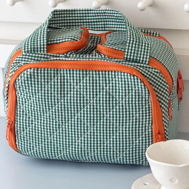 

Зеленая фиолетовая клетчатая дорожная косметичка-органайзер для женщин, портативная сумка для хранения, вместительная косметичка на молнии