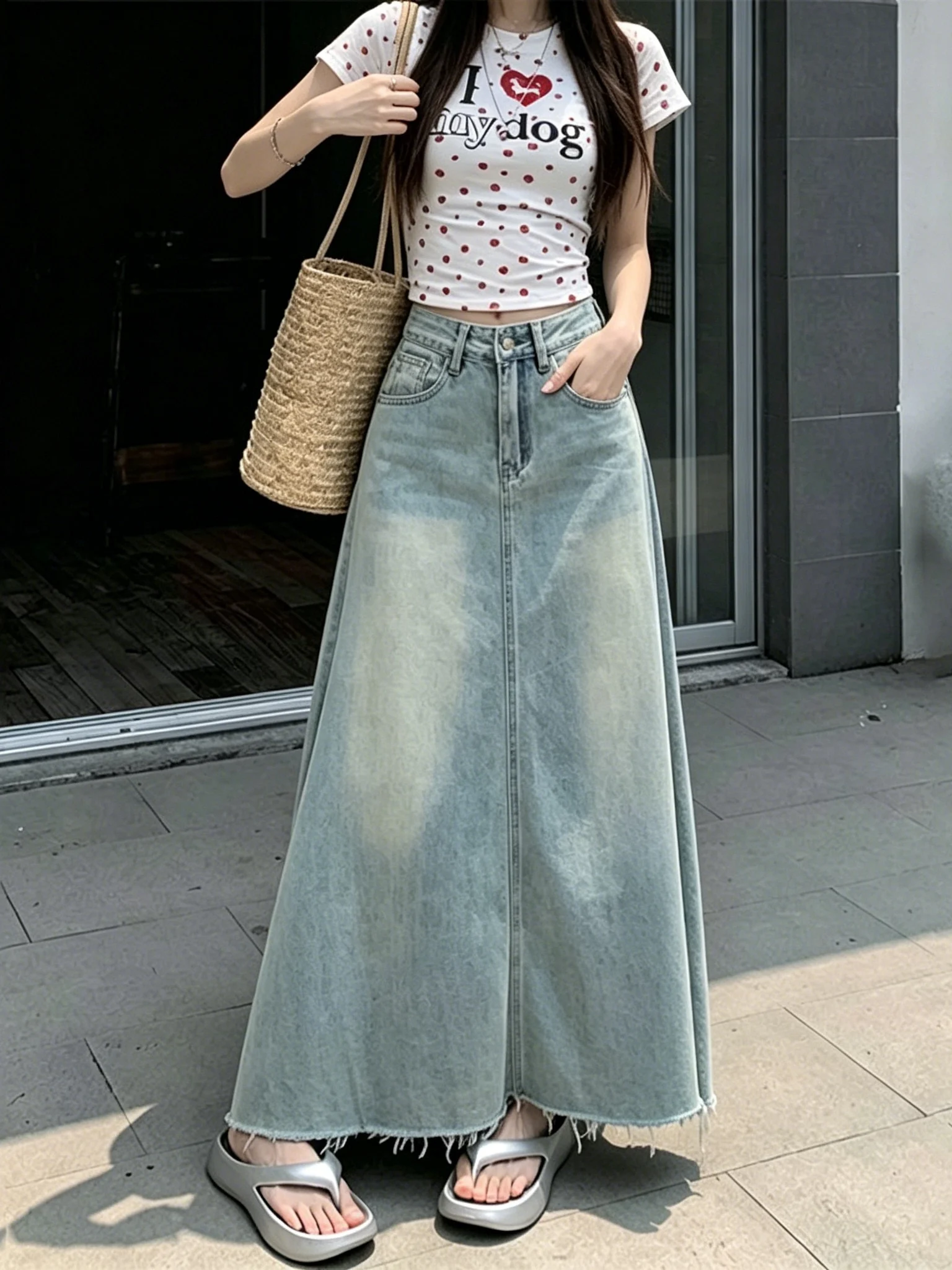 High Waist Washed Denim Skirt Women's Korean Style A-Line  Skirt Slimming Vintage Summer New Arrival Elegant Feeling