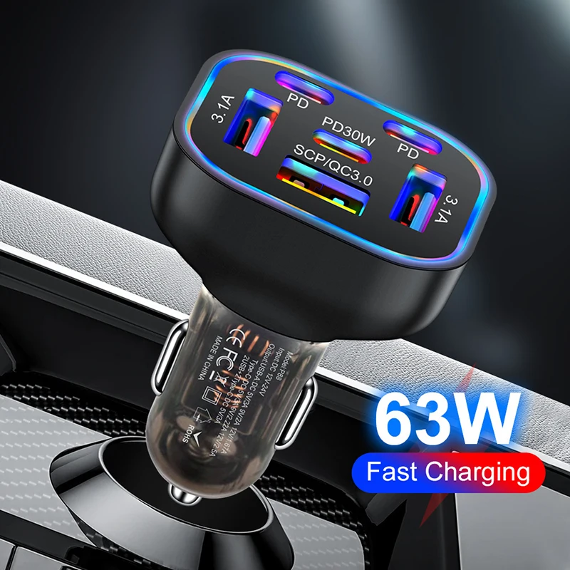 65W 6-Port Car Charger Fast Charging PD QC3.0 Multi USB Type C Auto Adapter Transparent Shell For iPhone 17 16 Pro For Samsung