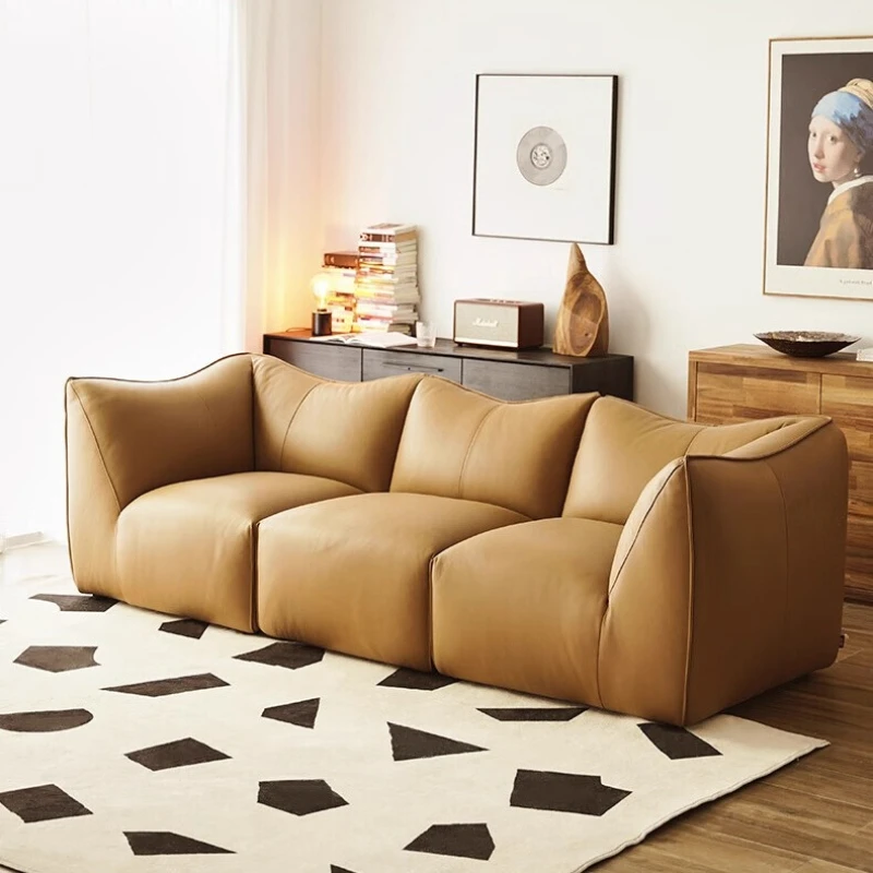 

Medieval croissant sofa retro oil wax leather living room creative three-person straight row sofa villa room