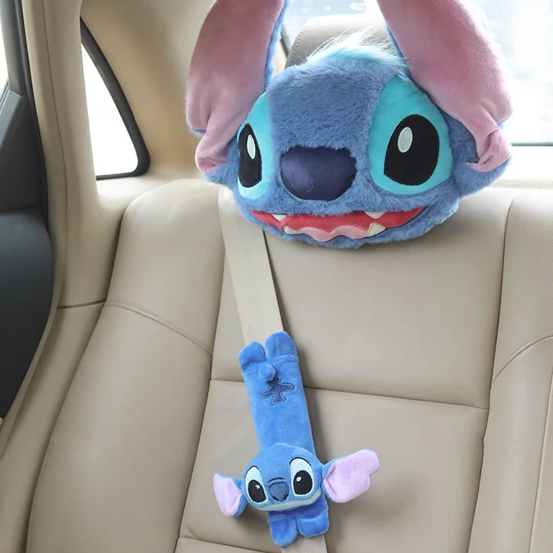 Disney Stitch Car Shoulder Belt Headrest Cartoon Seat Belt Protective Cover Plush Headrest Neck Pillow Auto Interior Accessory