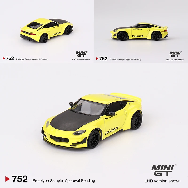 MINIGT 1/64 Nissan Z Pandem Ikazuchi Yellow MGT00752-CH Car Alloy Motor Vehicle Diecast Metal Model Kids Xmas Gift Toys for Boys