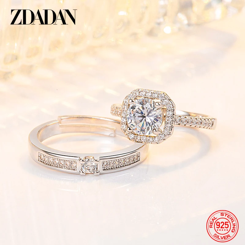 ZDADAN 925 Silver Zircon Couple Adjustable Rings For Women Men Wedding Jewelry