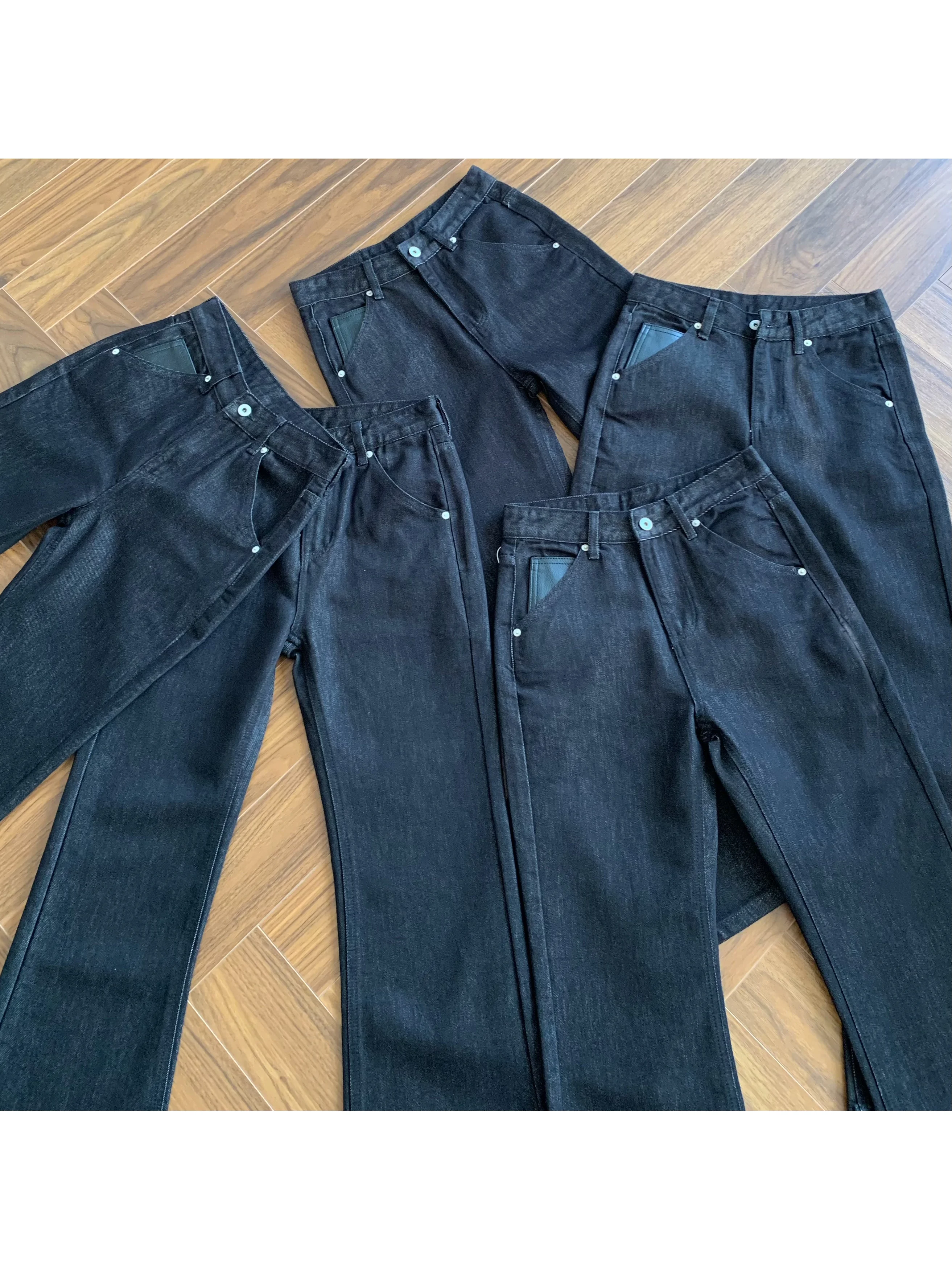 Retro American High Street Distressed Black Original Denim Letter Embroidery Special Mix Flared Versatile Men's Jeans Trendy