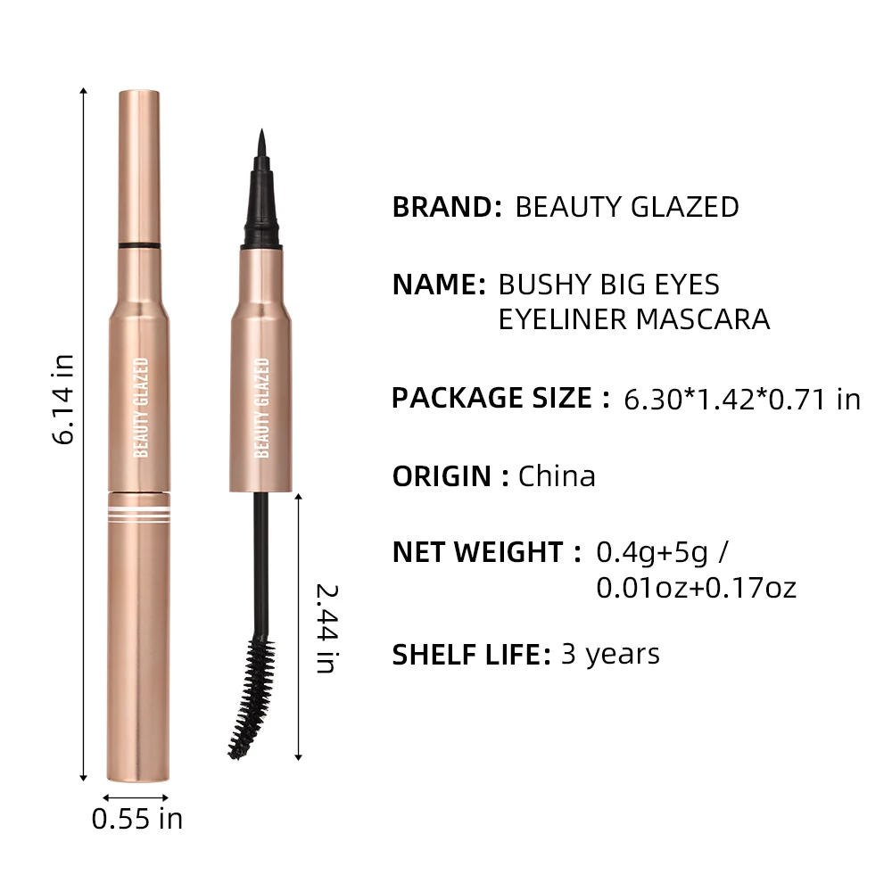 Beauty Glazed Bushy Big Eyes Eyeliner&Mascara,2 In 1 Makeup Pen,Double-ended Waterproof Liner Pencil, Fast Quick Dry Mascara