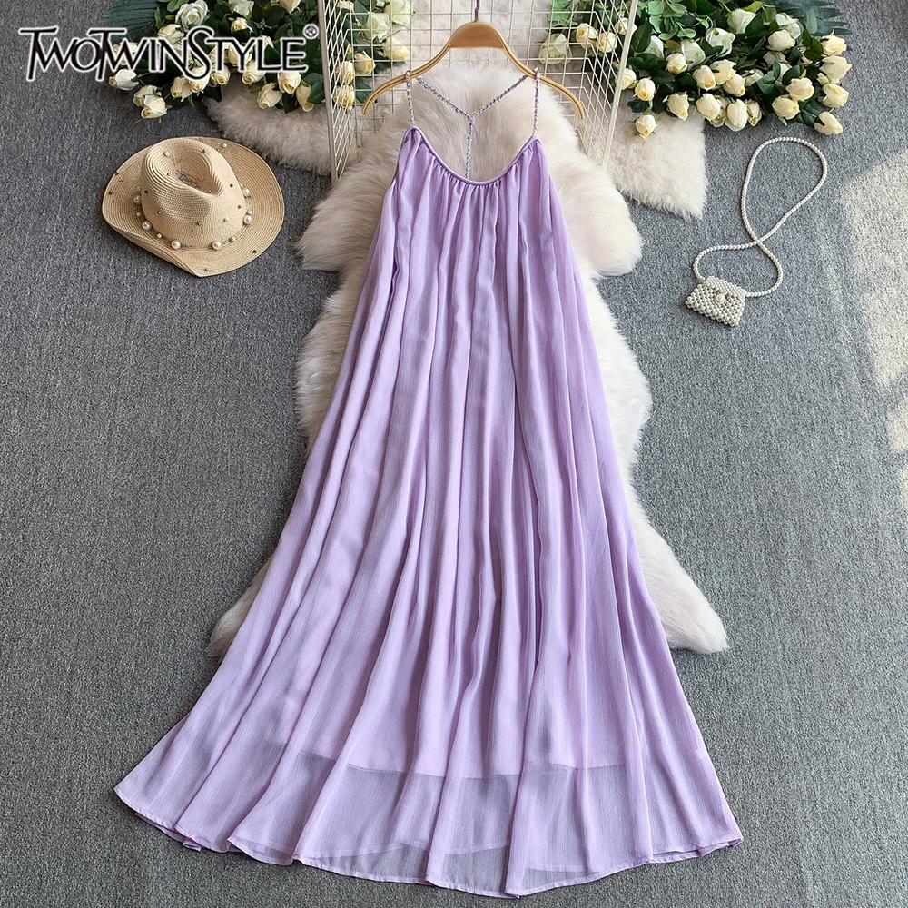 

TWOTWINSTYLE Solid Loose Sexy Long Dresses For Women Round Neck Sleeveless Backless High Waist Casual Dress Female New KDR542146