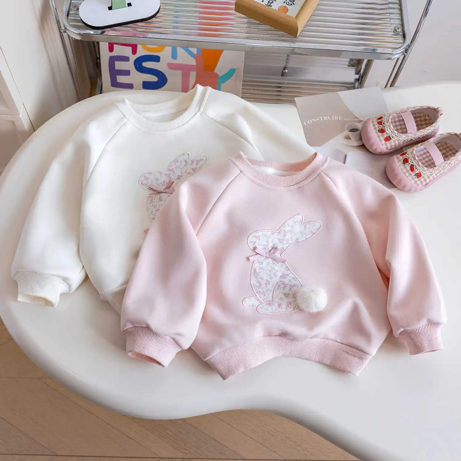 Long Sleeve Pullover Casual Tops Shirt 1-6Y Children Wear Kids Girls Cute T-Shirt Floral Print Rabbit Fluffy Ball O-neck Hoodies
