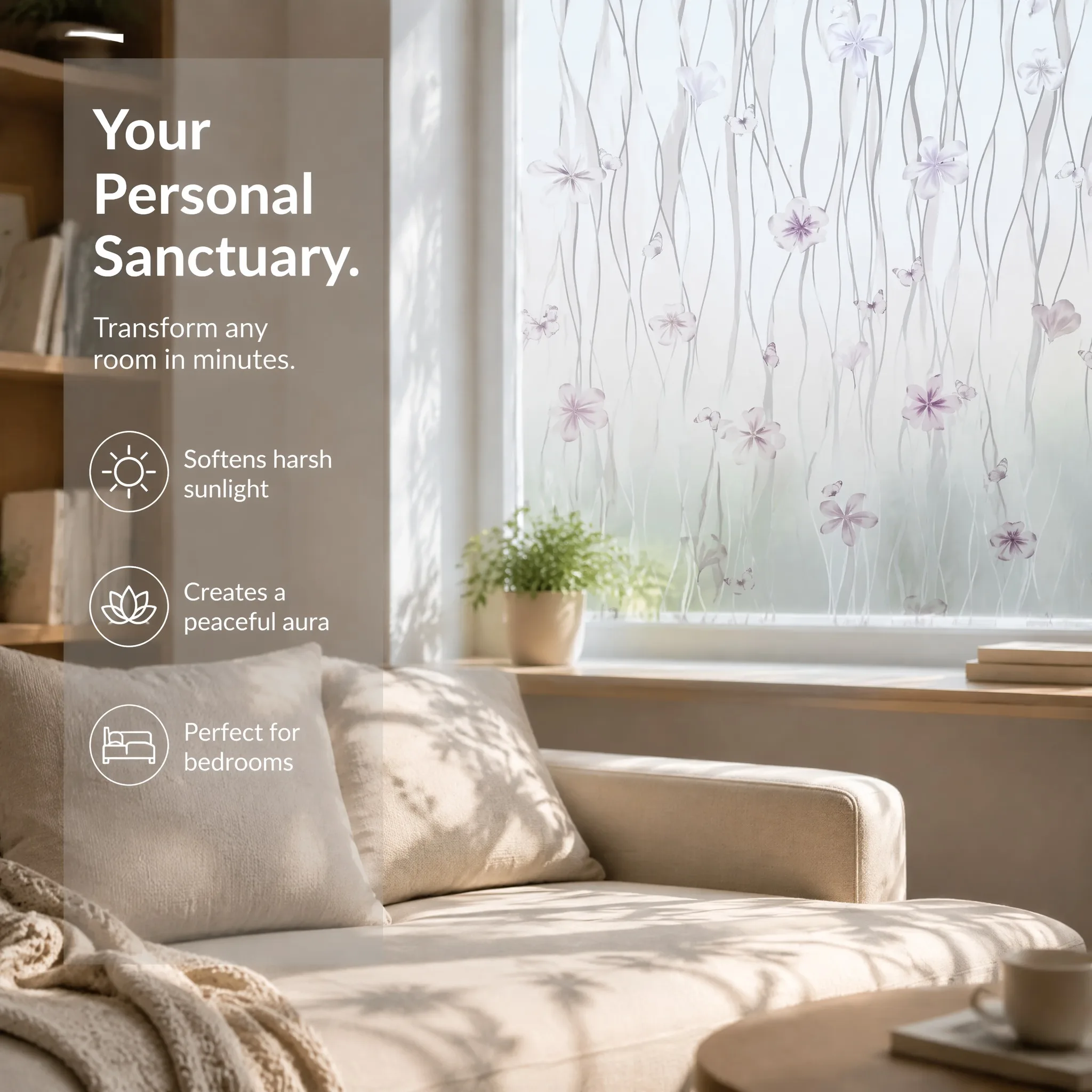 Designer Soft Lavender Floral Butterfly Privacy Window Film Built-in Adhesive Easy DIY Cuttable Reusable Matte Frosted Glass