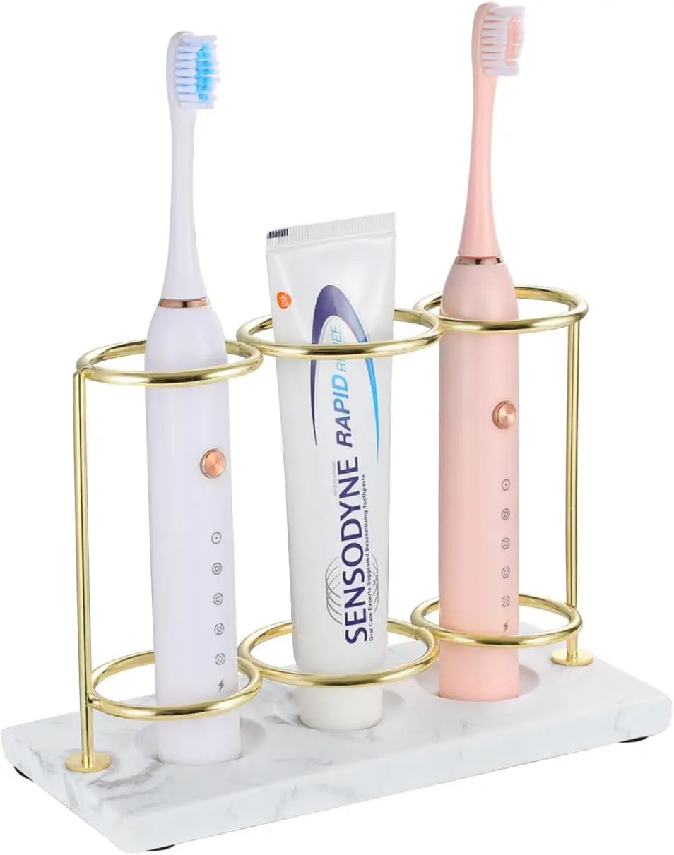 

3-Slot 2-Layer Resin Toothbrush Holder, Gold Marble Bathroom Organizer for Toothpaste, Razor & More, Non-Slip & Rustproof