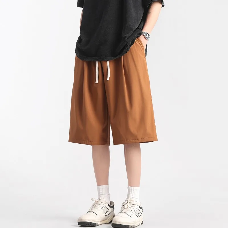 Simplicity Trend Versatile Summer Men's Solid Elastic Waist Drawstring Pocket Ice Silk Fashion Loose Straight Casual Shorts