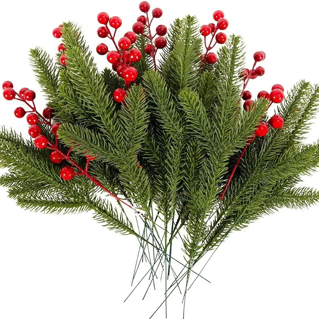 

10pcs Artificial Pine Branches Christmas Holly Red Berries Stems for Xmas Tree DIY Wreath Decorations Christmas Home Decoration