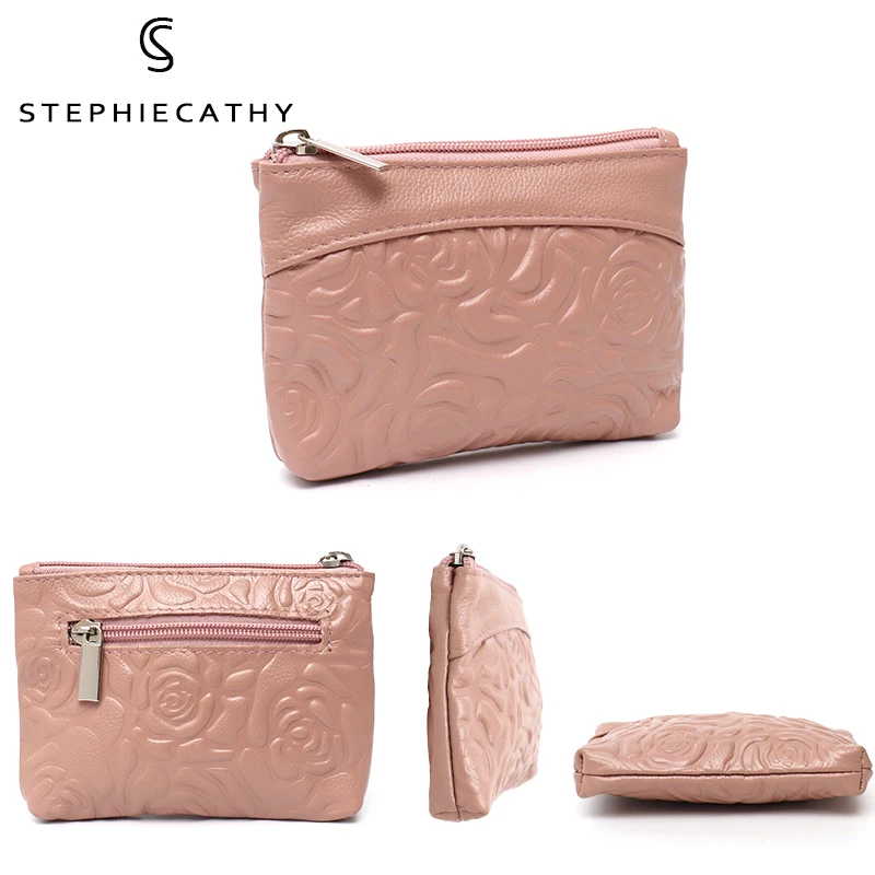 SC Brand Summer Style Women Genuine Leather Wallet Fashion Flower Print Zip Coin Purse Key Chain Pocket Portable Versatile Bag