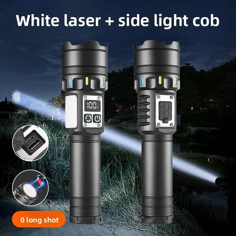 

White Laser & COB Dual Light Source Flashlight - Super Bright, Zoomable, USB Rechargeable with Digital Display for Outdoor Light