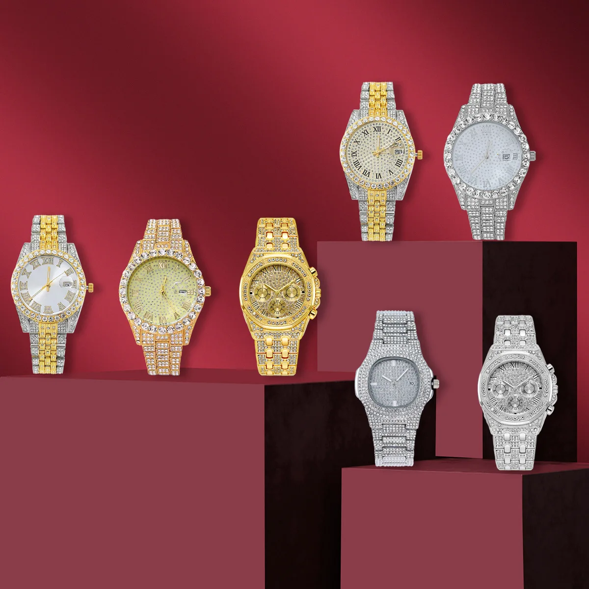 Men 7‑Pcs Watch Urban Bling Quartz Timepiece Pack Eclectic Dial Motifs Crystal‑Wrapped Bezel Anti‑Corrosion Metal Bracelet Gift