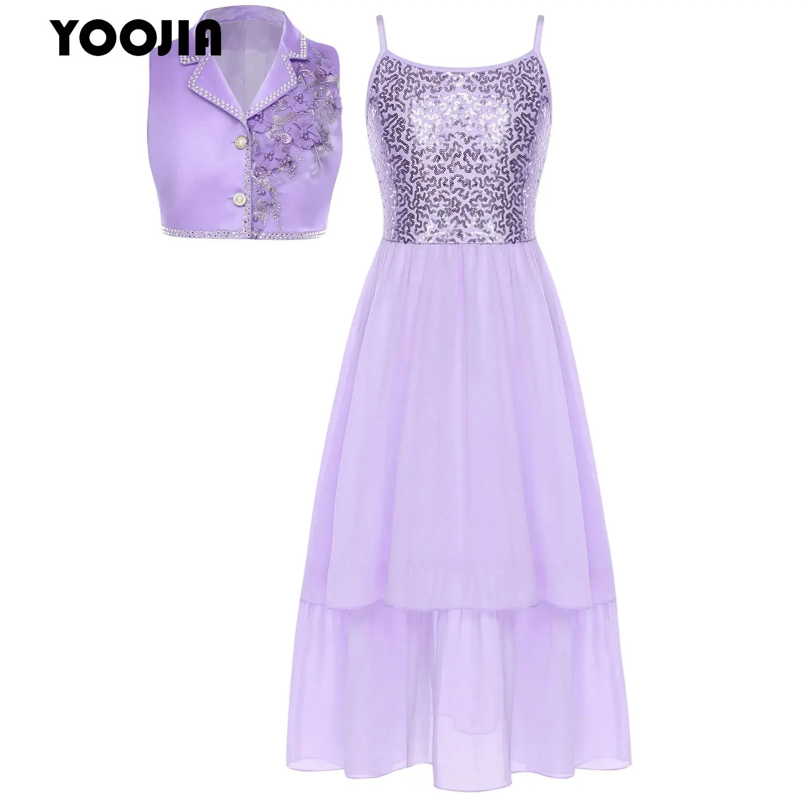 

Girls Shiny Sequin Party Dresses Elegant Irregular Slip Dresses with Satin Vest Buttoned Crop Top Shirt Top Wedding Outfits