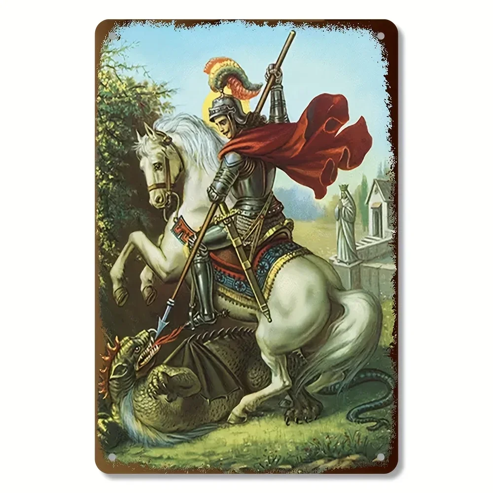 , St. George the Guardian Vintage Metal Sign -  Retro Wall Art with St. George on Horseback Slaying Dragon, Durable Indoor/Outdo,, Винтажная металлическая вывеска St. George the Guardian — настенное искусство в стиле ретро с изображением дракона Святого Д