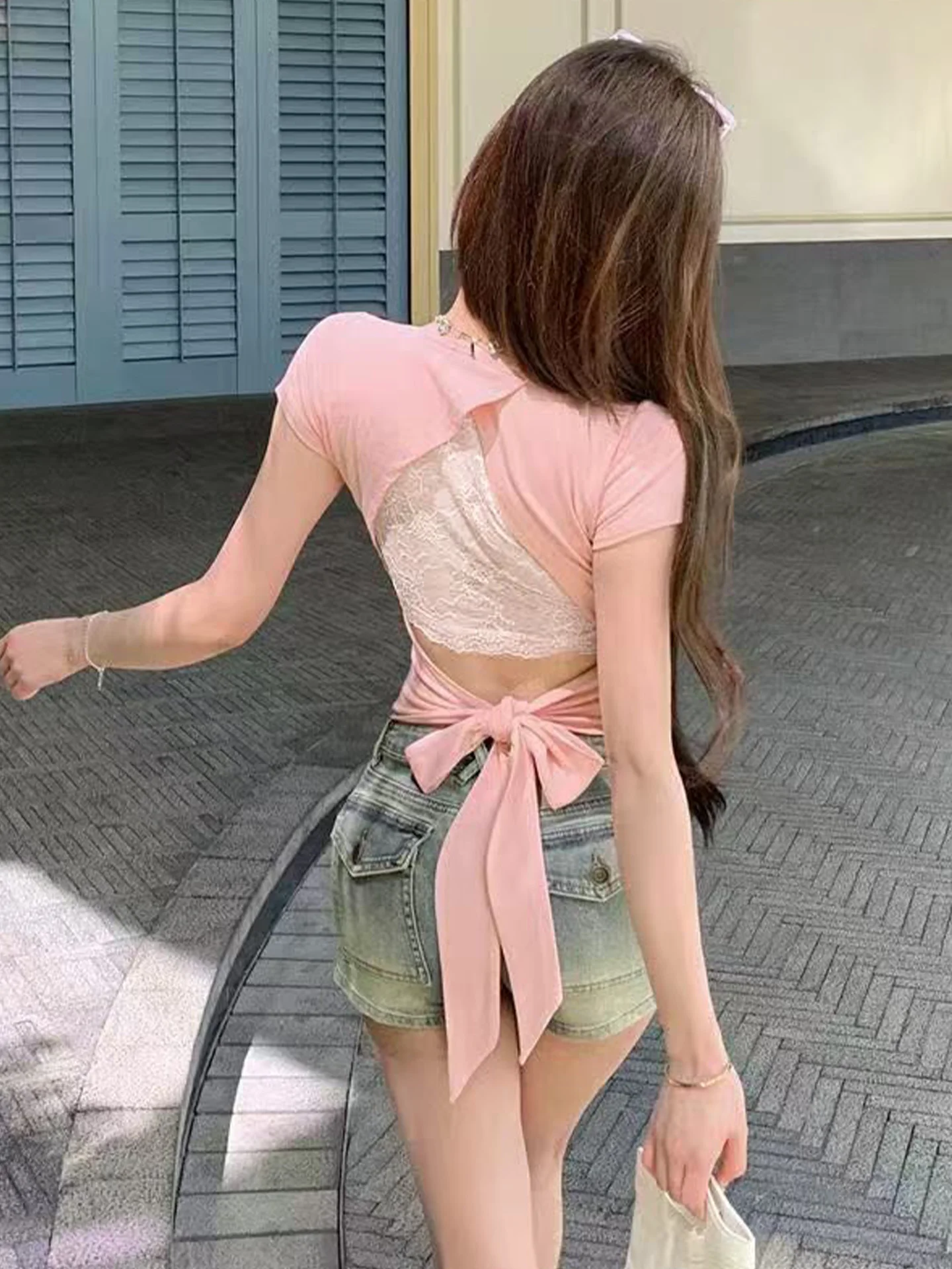 

Pure Desire Spicy Girl Me Lace Tie Design Ba Hollow ort Sve Футболка женская летняя новинка Sle ort Top корейский Sle Sl...