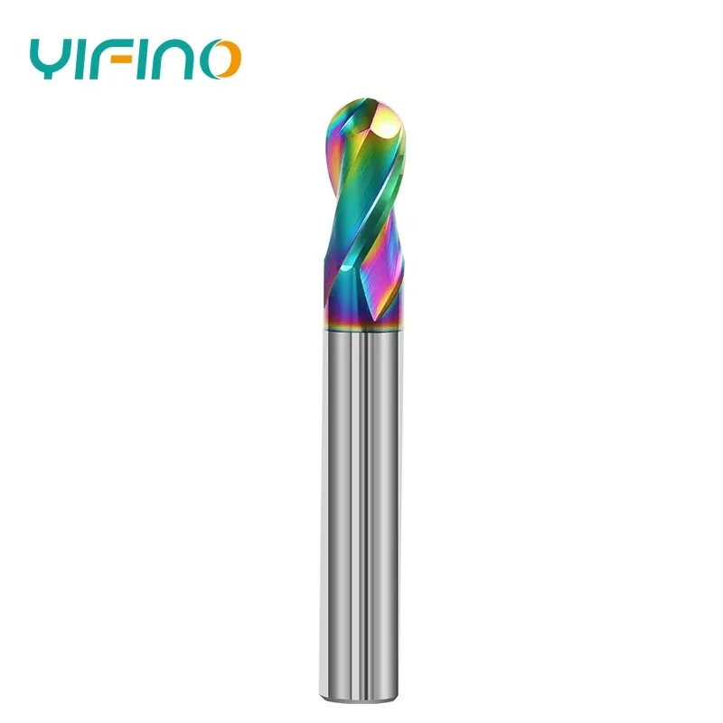 YIFINO HRC55 2F Colorful Coating Tungsten Steel Carbide Aluminum Ball End Milling Cutter CNC Mechanical Machining End Mill Tools