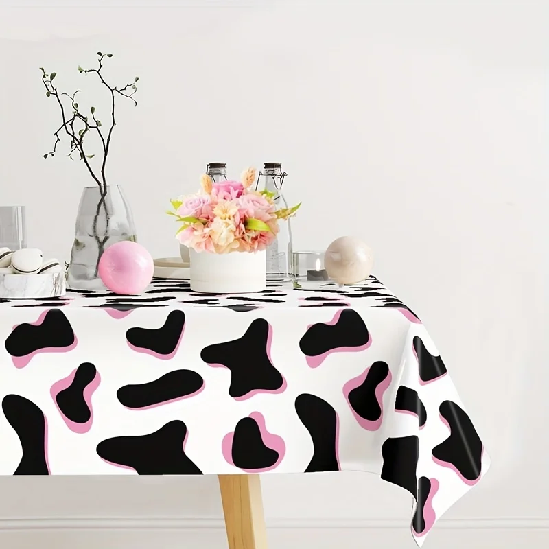 1pc, Pink Cow Design Disposable Plastic Tablecloth, 51.18 X 86.61inch, Farmland Theme Tablecover, Animals Cow Theme Party Table