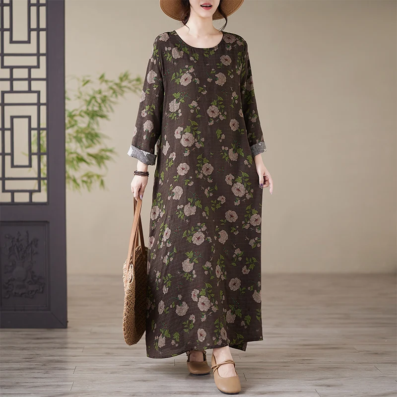 

Anti-Aging Cotton Linen Print Loose Long Sleeve round Neck plus Size Dress for Women Spring Autumn Holiday Casual Comfortable